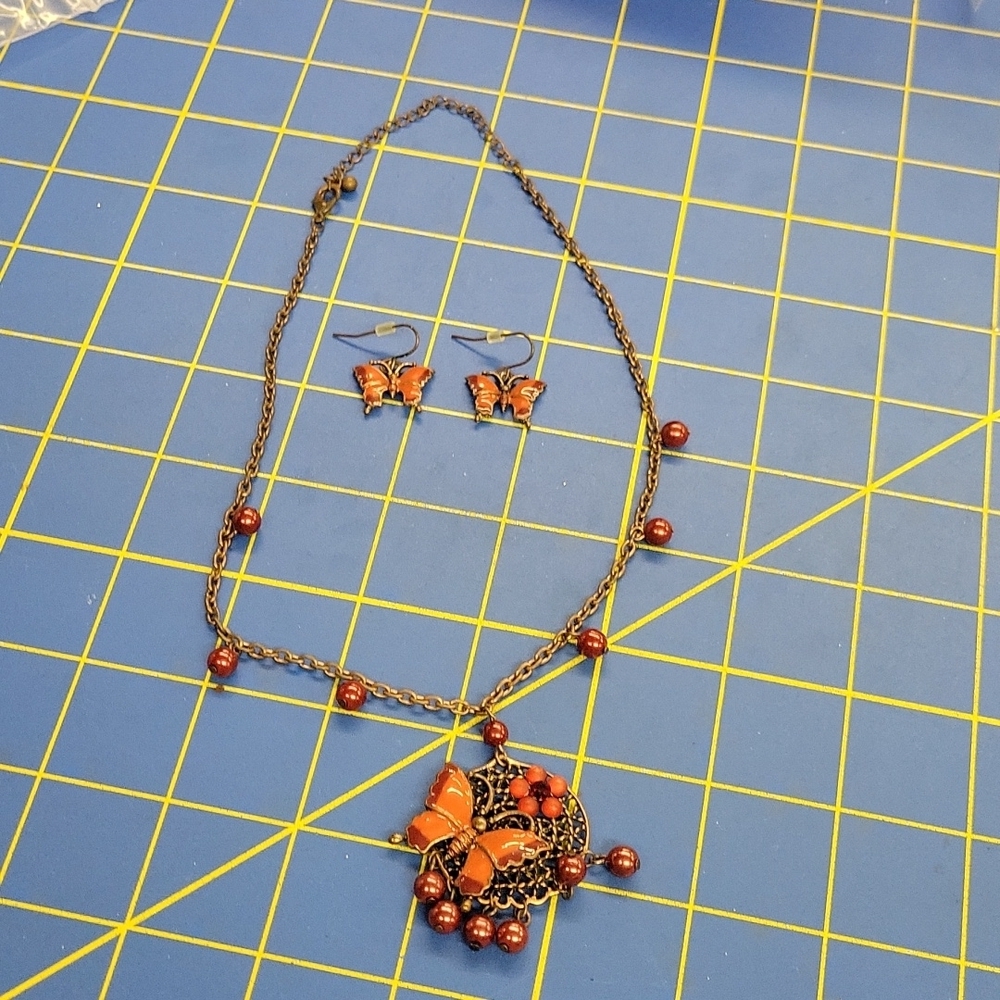 Butterfly Reddish Orange 18" Necklace & Earrings
